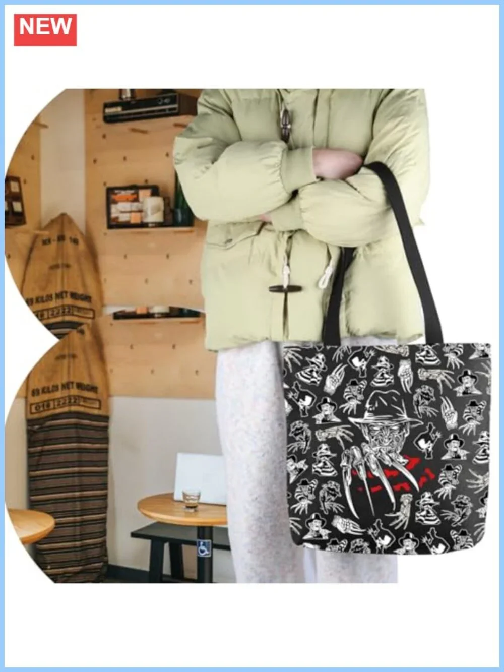 Horror Movie Character Cotton Canvas Tote Bag with Zipper Pockets